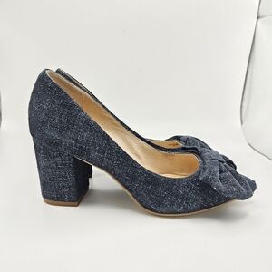 kate spade blue shimmer chambray pointed toe block heels with bow size 6.5